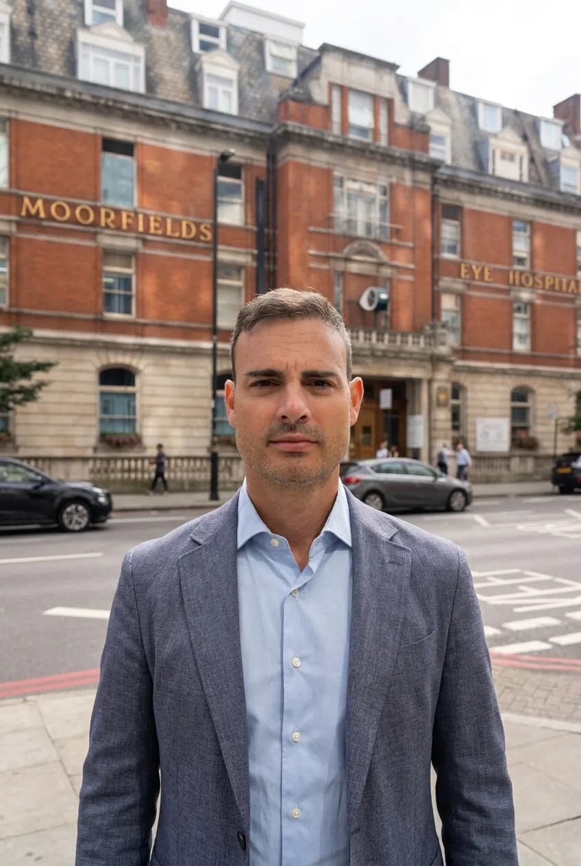 Dott. Marco Di Maita davanti al Moorfields Eye Hospital di Londra, dove ha svolto la fellowship in glaucoma